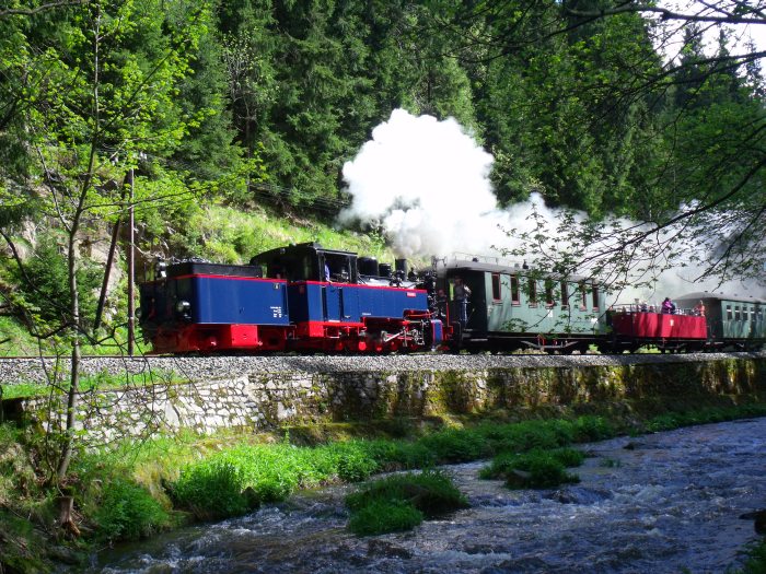 AQUARIUS C Tv (rückwärts) mit Zug Nr.52 abwärts fahrend von Jöhstadt nach Schmalzgrube, direkt am Ufer des Schwarzwassers nahe der bekannten „Naturstein- Stützmauer“ im Tal, um 15:45h am 18.05.2013