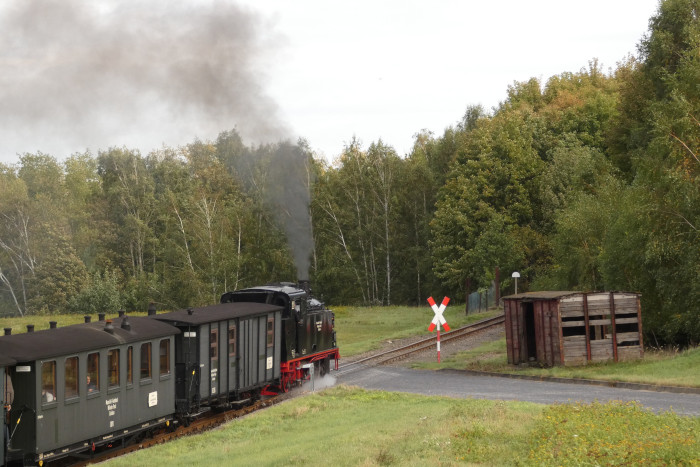 Lok 11  mit (Regel-) Zug zurück nach Benndorf, Ausfahrt Kupferkammerhütte, um 15:45h am 07.10.2023