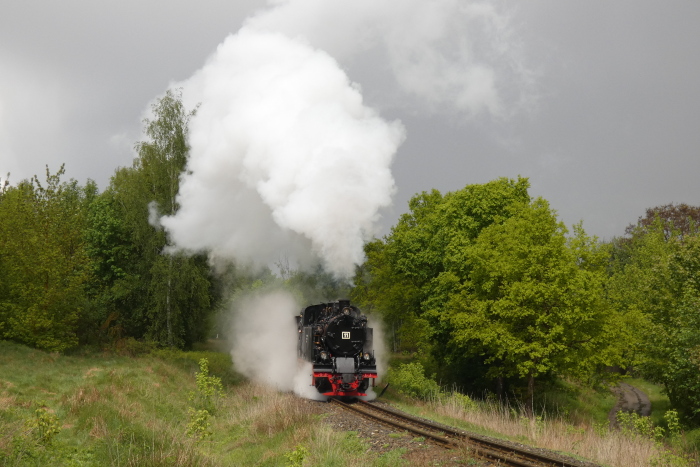 Lok&nbsp;11&nbsp; mit Infozug zurück von Hettstedt-Kupferkammerhütte nach Benndorf	am oberen Ende der Steigung von Kupferkammerhütte heraus und kurz vor Haltepunkt Eduardschacht, um 13:24h am 14.05.2026